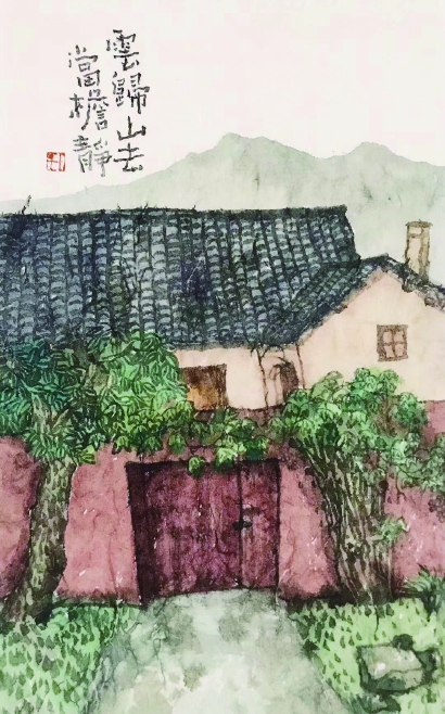 母亲的杏花村(中国画)
